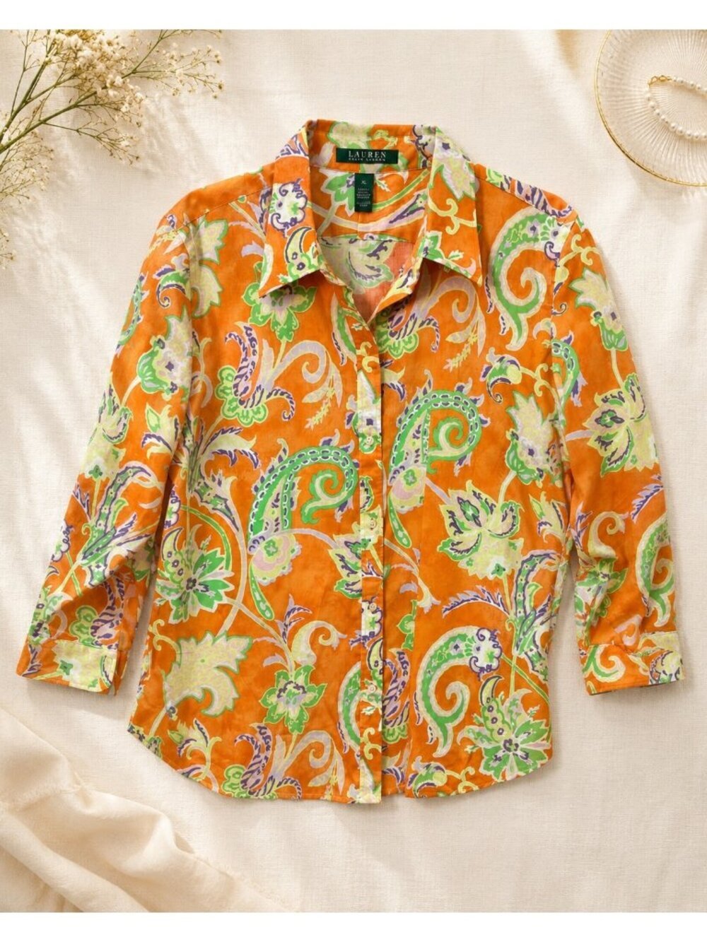 Lauren Ralph Lauren Orange Paisley Button-Up Shirt Size XL Cotton Womens Casual